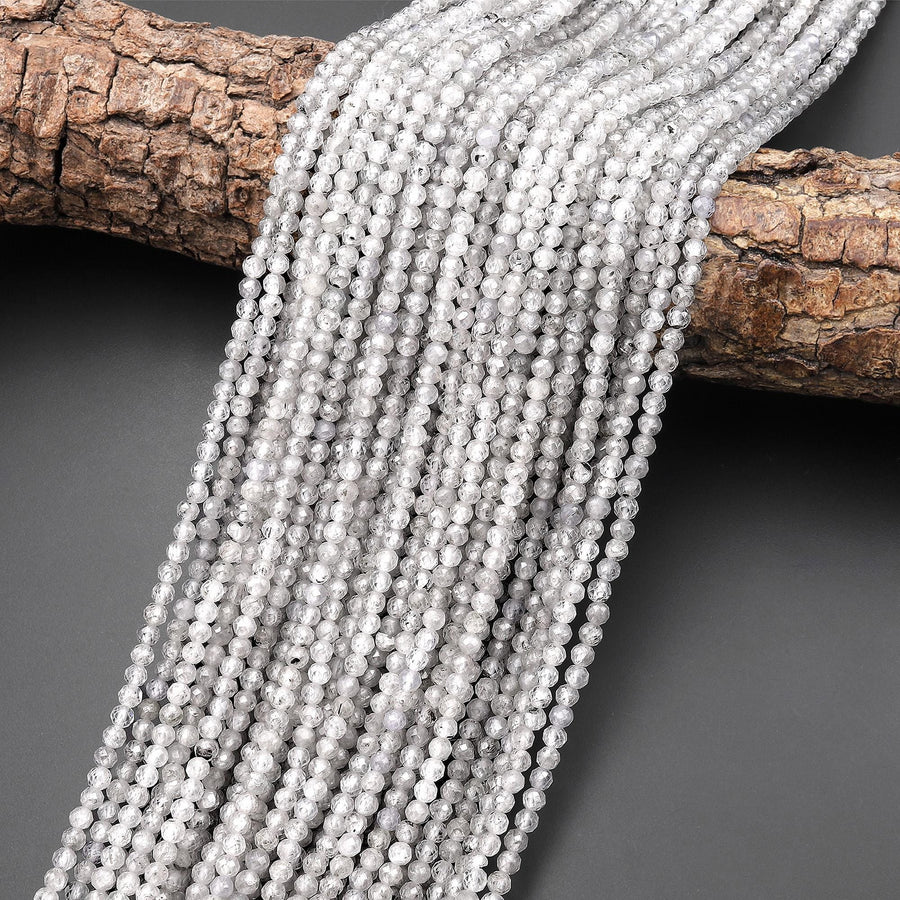 AAA Natural Silver Zircon Faceted Round Beads 2mm 3mm Gemstone 15.5" Strand