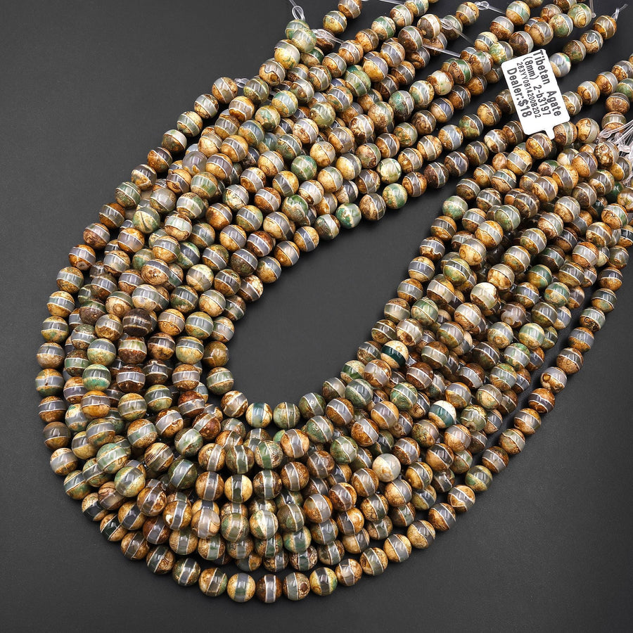 Tibetan Agate 8mm 10mm Round Beads Dzi Agate Green Brown Etched Line Mala Antique Boho Style 15.5" Strand