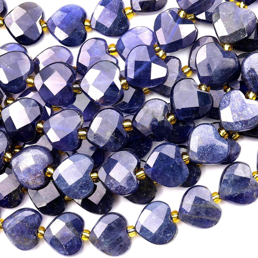 Faceted Natural Iolite Heart Beads 12mm Gemstone 15.5" Strand