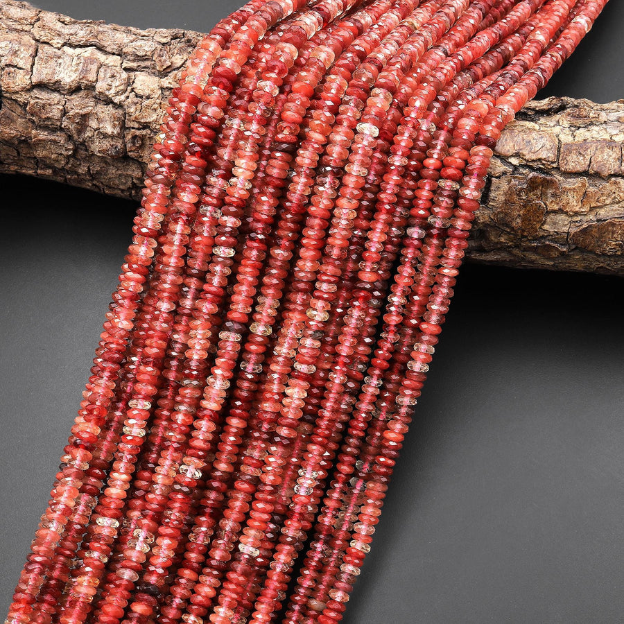 Faceted Rare Natural Red Lazasine (Andesine-Red Labradorite) Faceted 3mm 4mm Thin Rondelle Beads 15.5" Strand