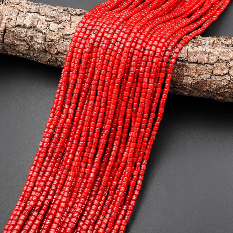 Genuine Red Bamboo Coral Smooth Short Tube Cylinder 3mm Beads 15.5" Strand