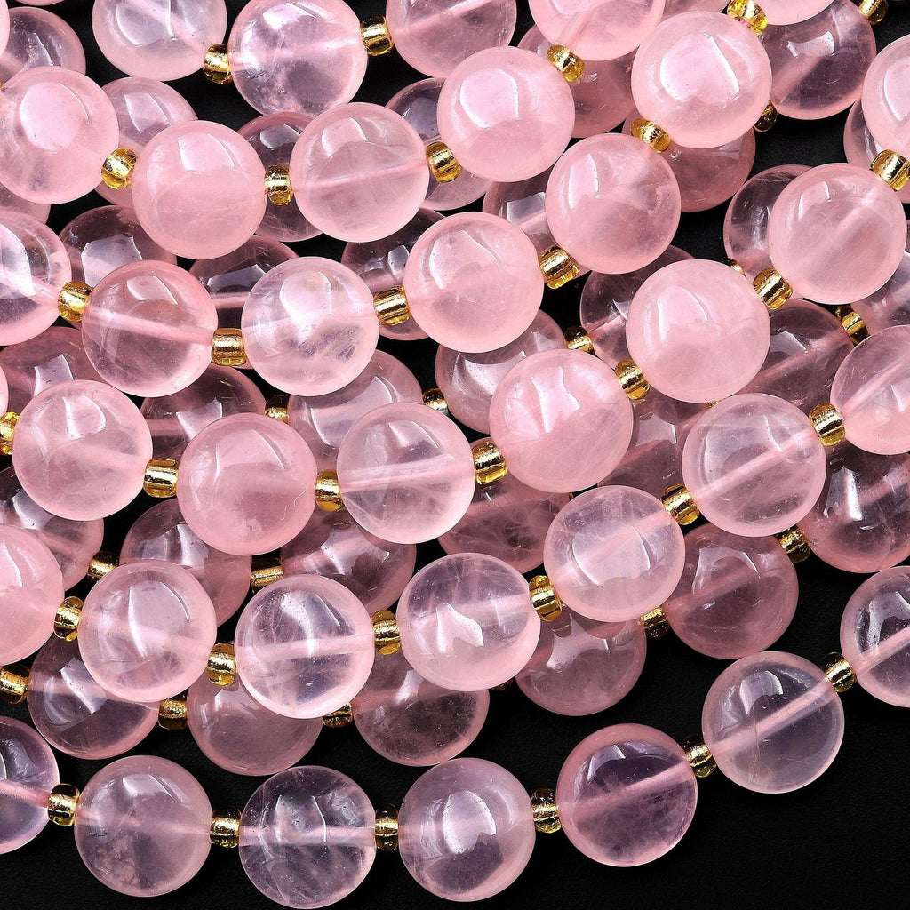 AAA Translucent Faceted Natural Madagascar Pink Rose Quartz Smooth 10mm Coin Beads 15.5" Strand