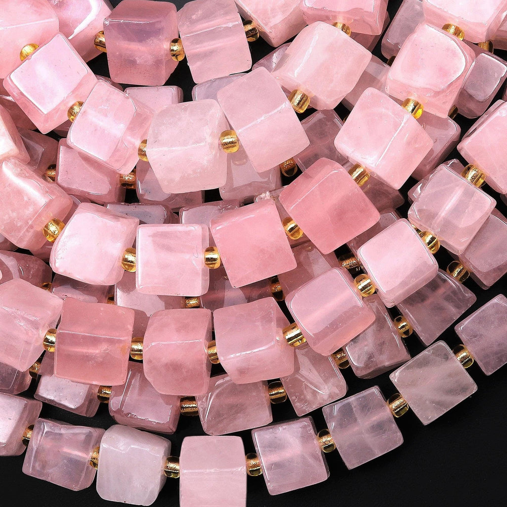 Natural Pink Rose Quartz 8mm 9mm Cube Beads 15.5" Strand