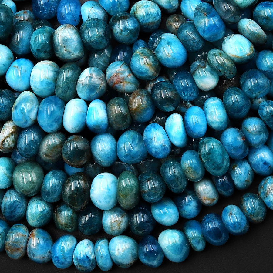 Natural Teal Blue Apatite Freeform Oval Pebble Nugget Beads Top Side Drilled Gemstone 15.5" Strand