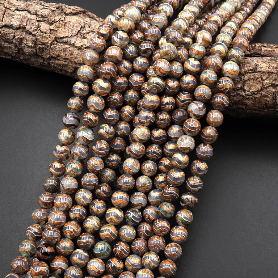 Tibetan Agate 8mm 10mm Round Beads Dzi Agate Green Brown Etched Wavy Line Mala Antique Boho Style 15.5" Strand