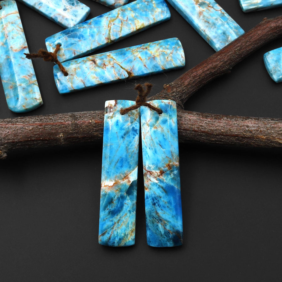 Natural Robin's Egg Turquoise Blue Apatite Rectangle Earrings Drilled Matched Gemstone Beads Pair