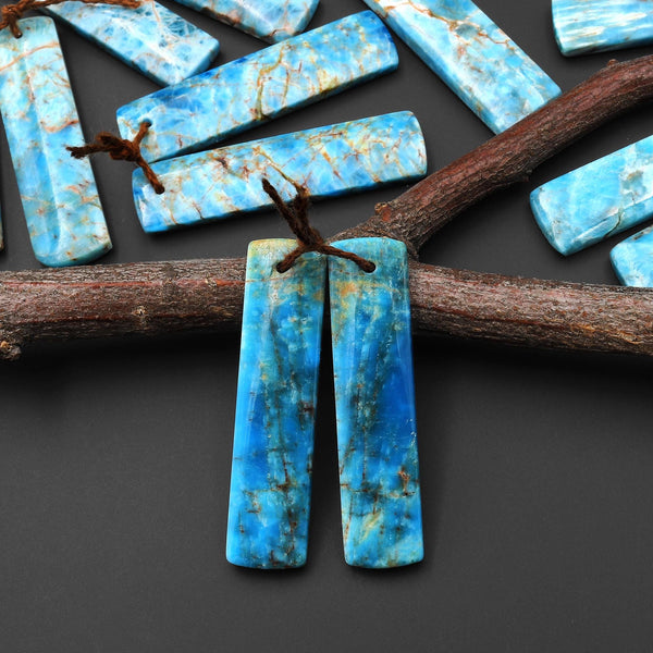 Natural Robin's Egg Turquoise Blue Apatite Rectangle Earrings Drilled Matched Gemstone Beads Pair A4