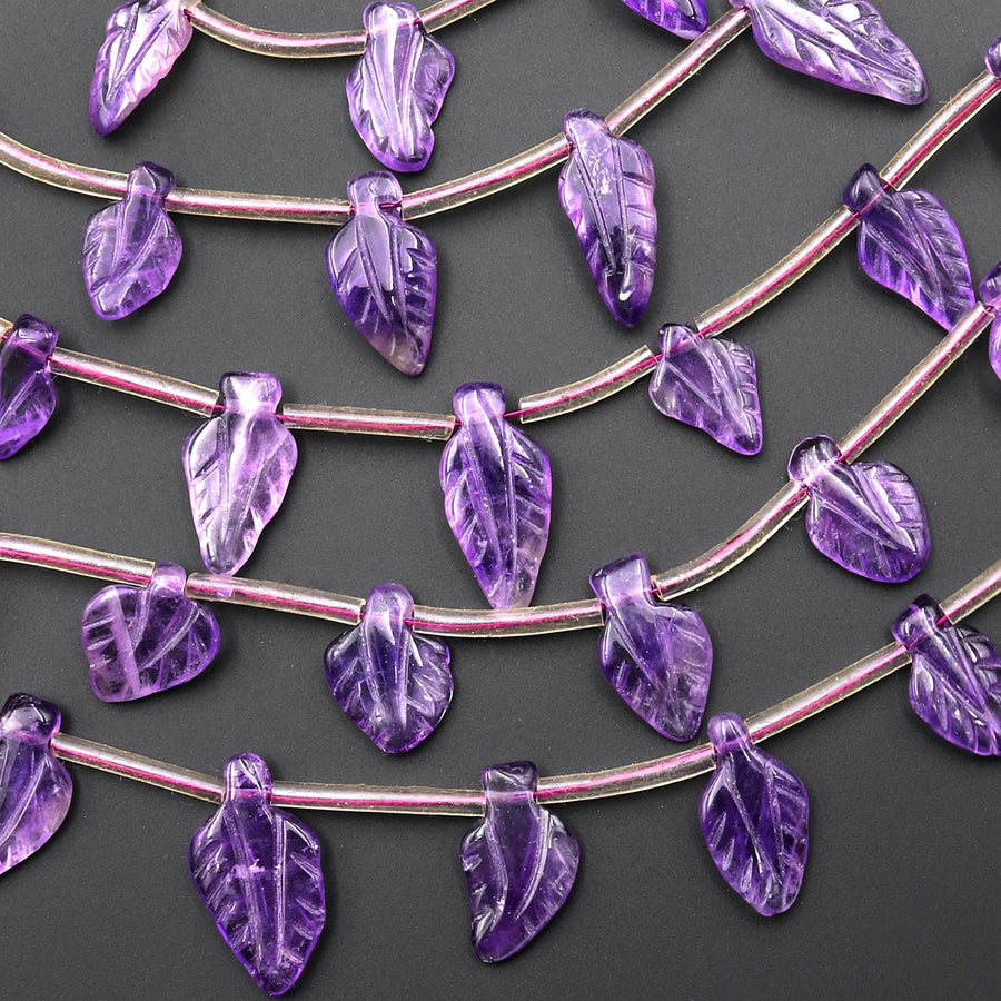 Natural Purple Amethyst Hand Carved Leaf Gemstone Beads Side Drilled 15.5" Strand