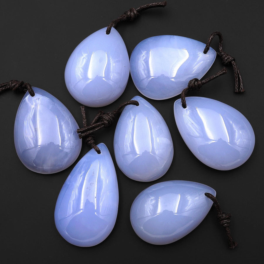 Natural Blue Chalcedony Teardrop Pear Pendant Focal Bead Drilled Highly Polished Gemstone