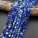 4 Four Leaf Clover Beads Natural Blue Lapis 8mm Hand Carved Flower Gemstone 15.5" Strand