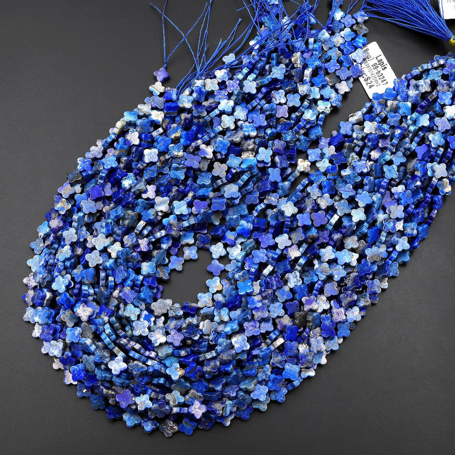 4 Four Leaf Clover Beads Natural Blue Lapis 8mm Hand Carved Flower Gemstone 15.5" Strand