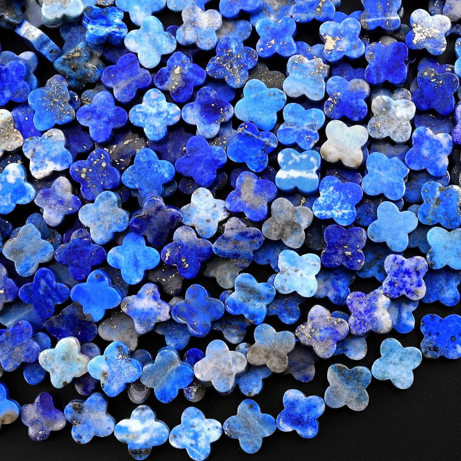 4 Four Leaf Clover Beads Natural Blue Lapis 8mm Hand Carved Flower Gemstone 15.5" Strand