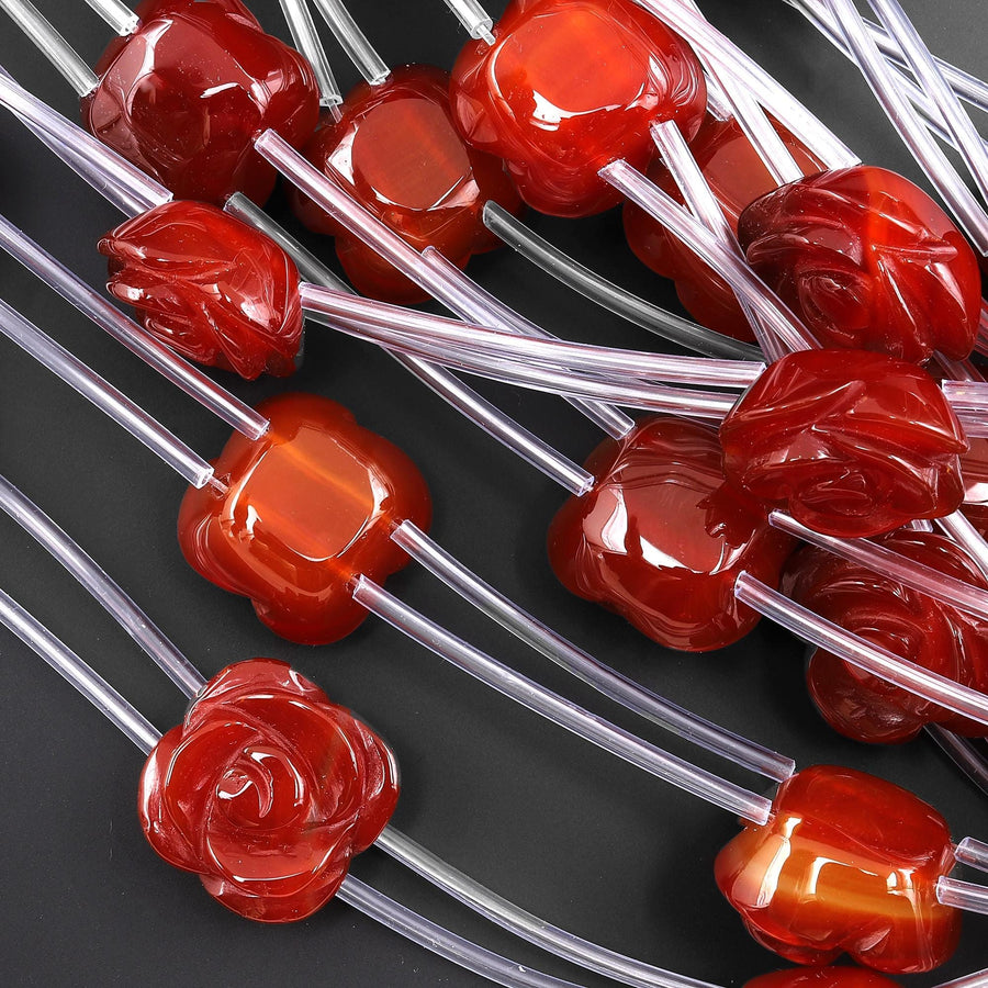 Double Drilled Natural Red Carnelian Hand Carved Rose Flower Gemstone Beads 20mm 8" Strand