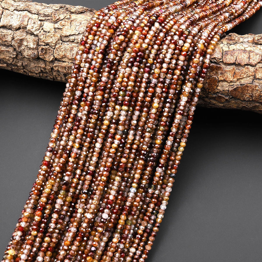 Genuine Natural Zircon Faceted Rondelle Beads 3mm Smoky Orange Brown Champagne Diamond Cut Gemstone 15.5" Strand