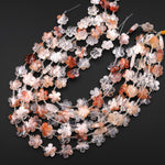 Hand Carved Natural Red Lepidocrocite Quartz Cherry Blossom Flower 15mm Beads 15.5" Strand