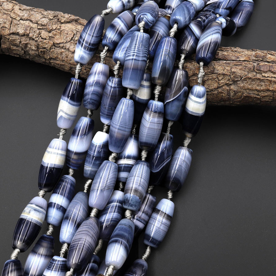 AAA Gray Blue Tibetan Dzi Agate Barrel Drum Cylinder Tube 30mm Beads Amazing Veins Bands 14" Strand