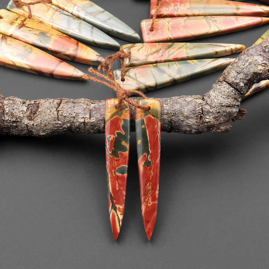 Natural Red Creek Jasper Dagger Triangle Earring Pair Drilled Matched Gemstone Bead Pair Aka Multicolor Picasso Jasper A7