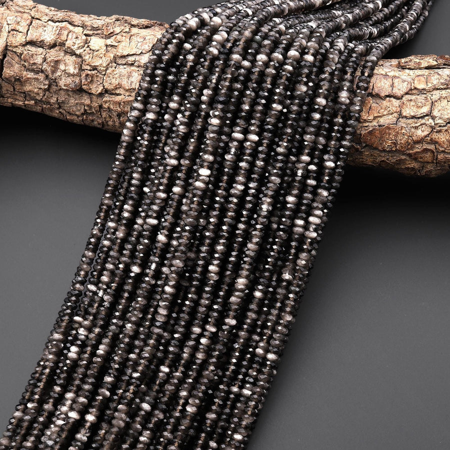 AAA Natural Silver Obsidian Faceted Thin Rondelle Beads 4mm 15.5" Strand