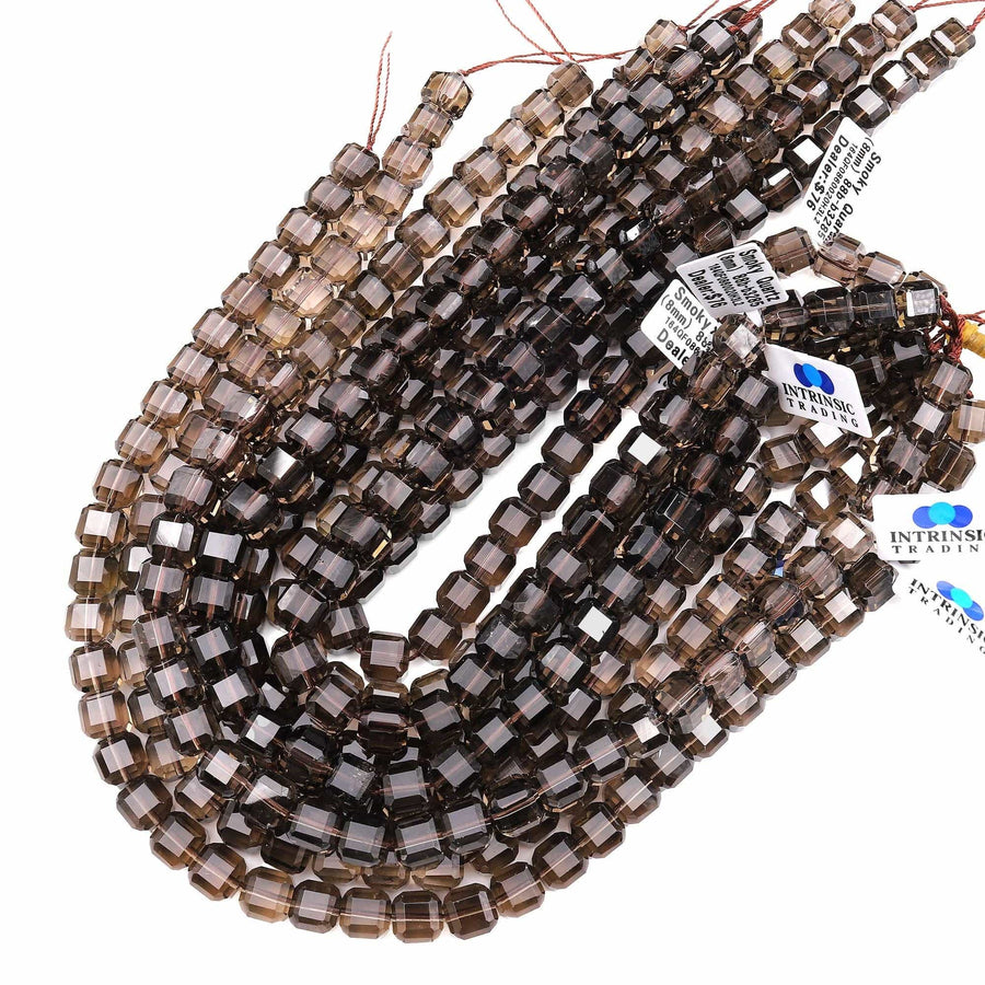 AAA Natural Smoky Quartz Faceted 9mm 10mm Cube Beads Laser Diamond Cut 14" Strand