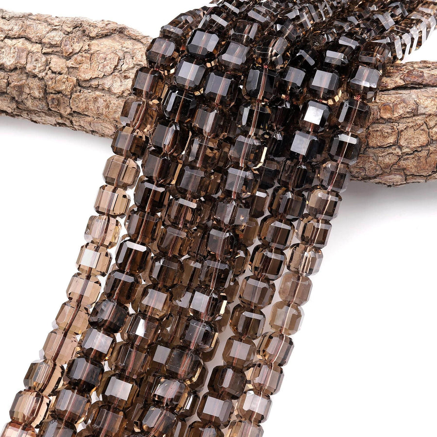 AAA Natural Smoky Quartz Faceted 9mm 10mm Cube Beads Laser Diamond Cut 14" Strand