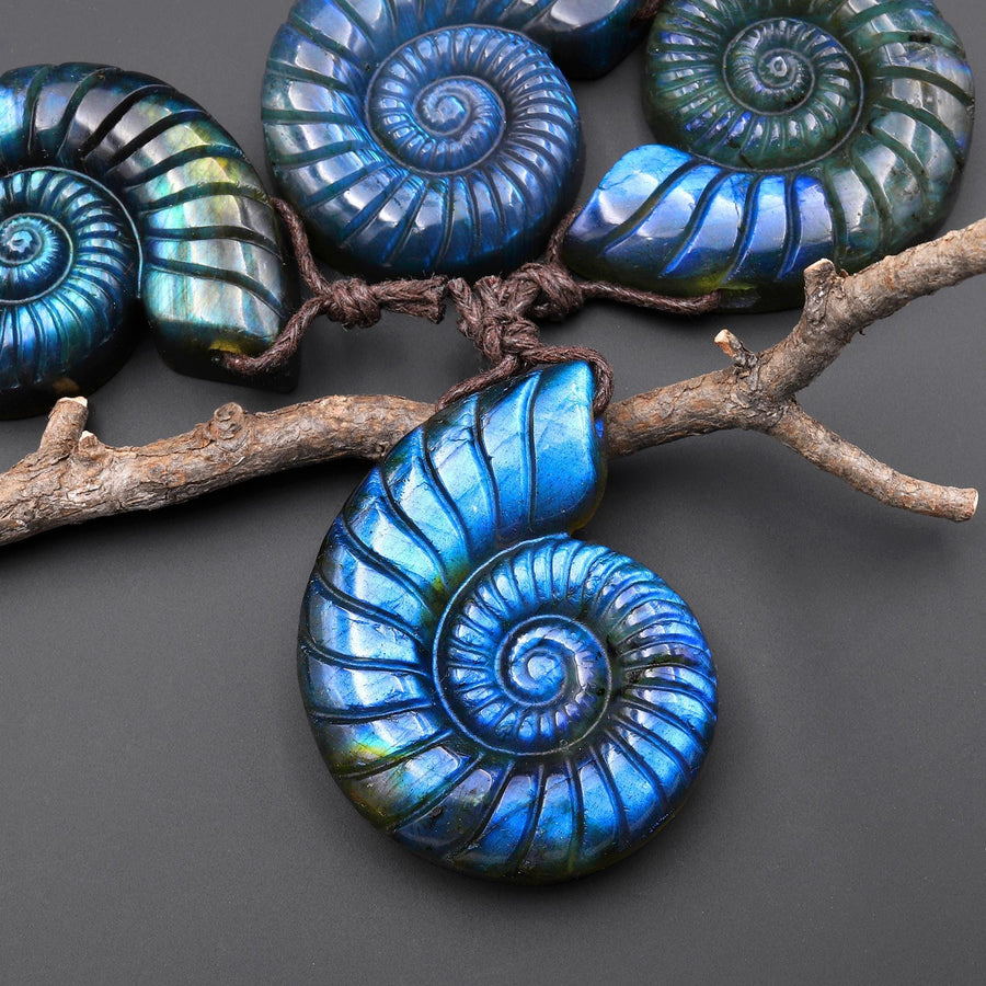 AAA Hand Carved Natural Blue Labradorite Ammonite Pendant Side Drilled Gemstone Focal Bead