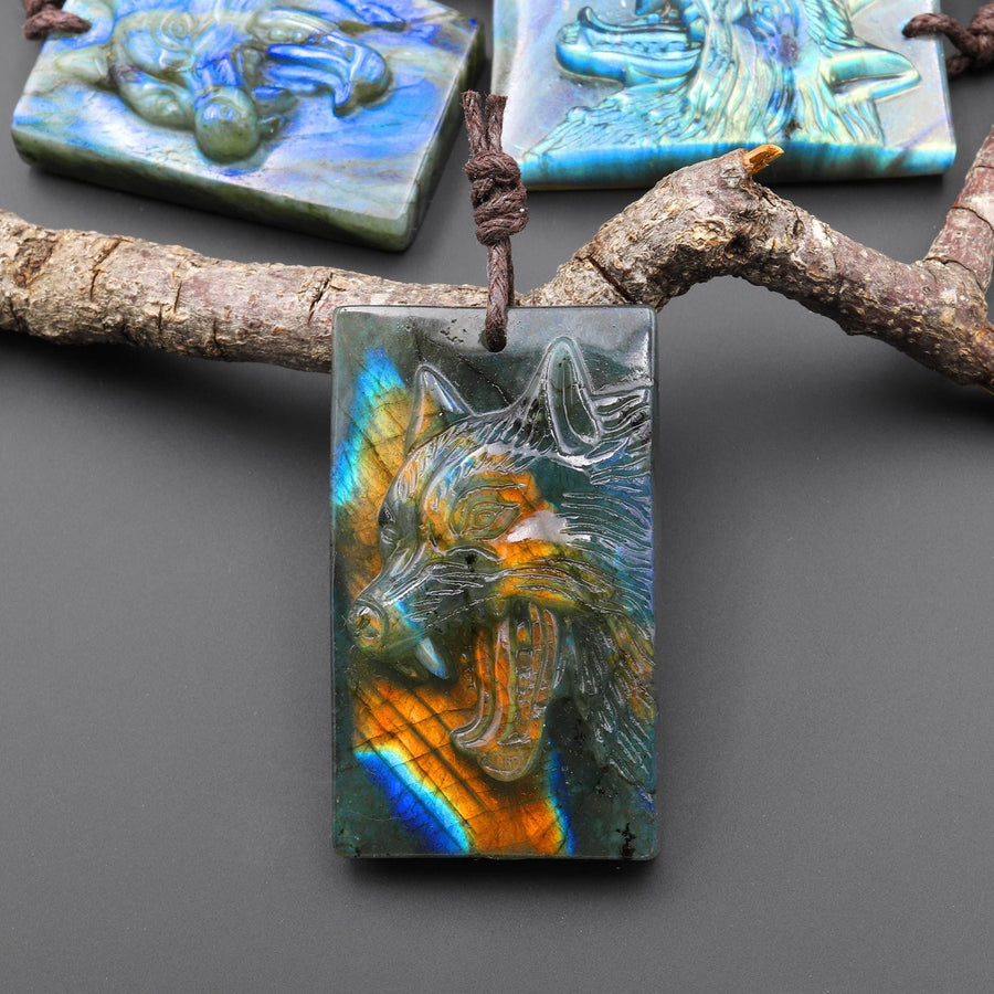 Hand Carved Natural Labradorite Growling Wolf Gemstone Pendant Bead