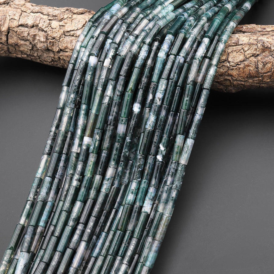 AAA Natural Green Moss Agate Thin Long Tube Beads Translucent Gemstone 15.5" Strand