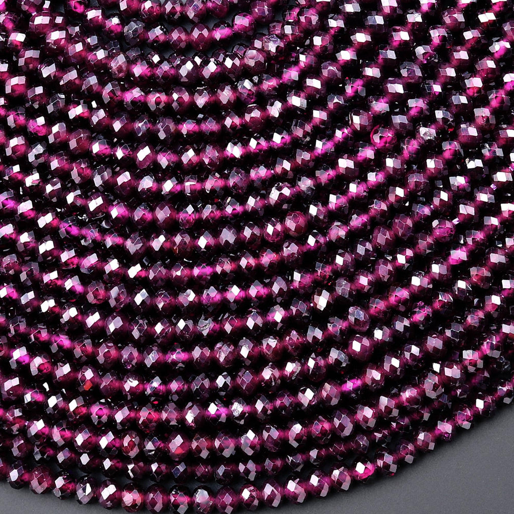 Faceted Natural Purple Garnet Faceted 3mm 4mm Rondelle Beads Gemstone 15.5" Strand