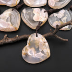 AAA Natural Cherry Blossom Flower Agate Indented Heart Pendant