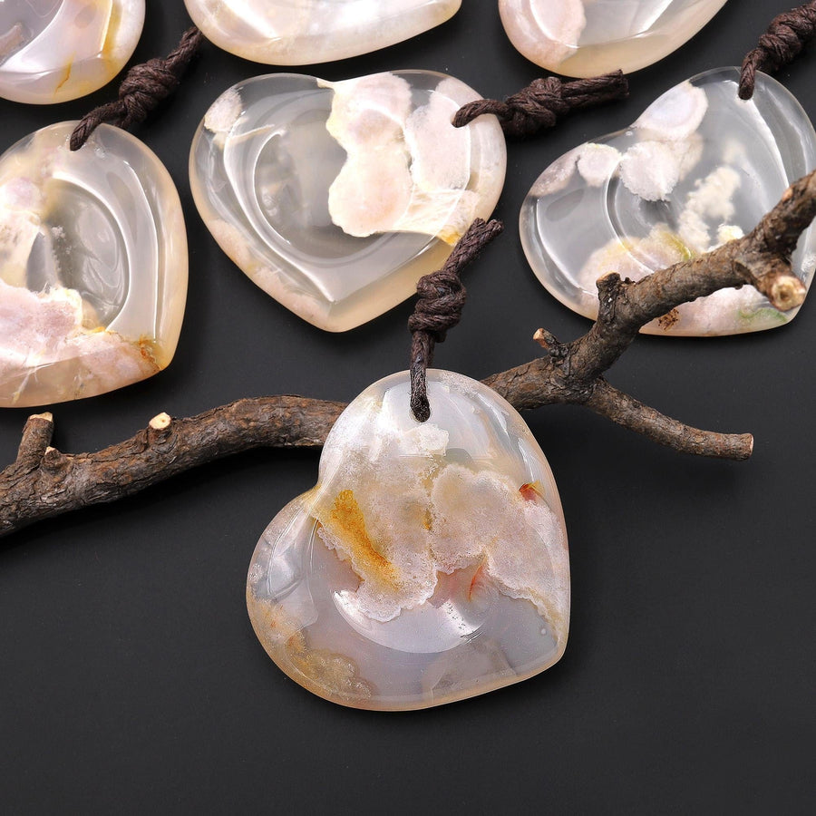 AAA Natural Cherry Blossom Flower Agate Indented Heart Pendant