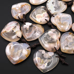 AAA Natural Cherry Blossom Flower Agate Indented Heart Pendant