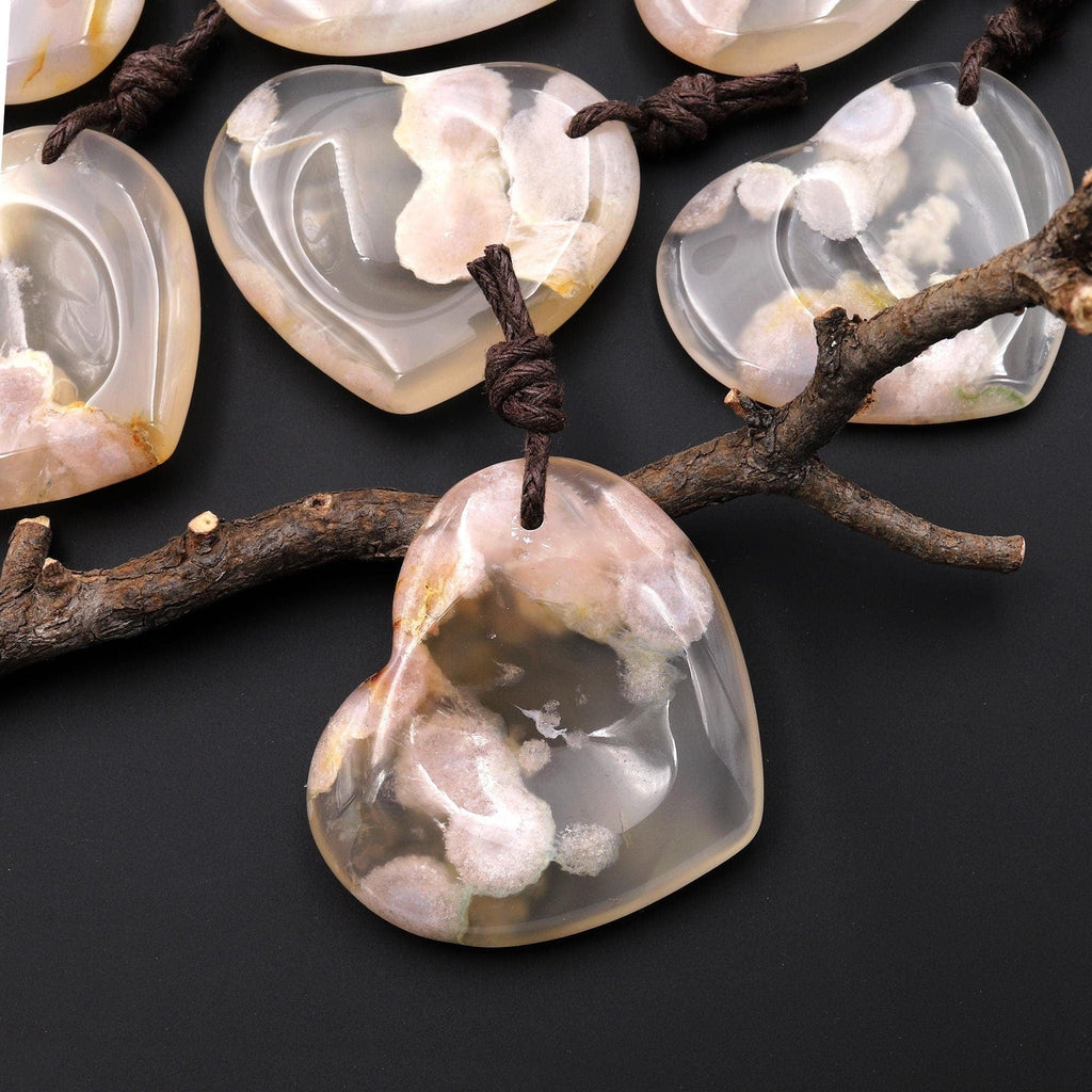 AAA Natural Cherry Blossom Flower Agate Indented Heart Pendant