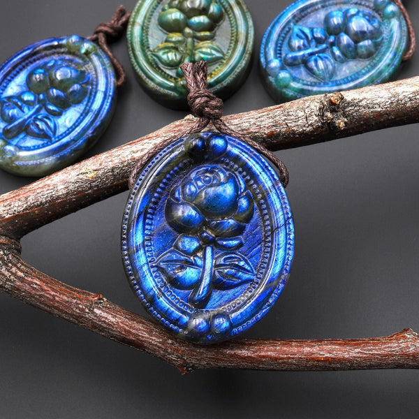 AAA Hand Carved Natural Blue Labradorite Rose Flower Pendant Side Drilled Gemstone Focal Bead A3