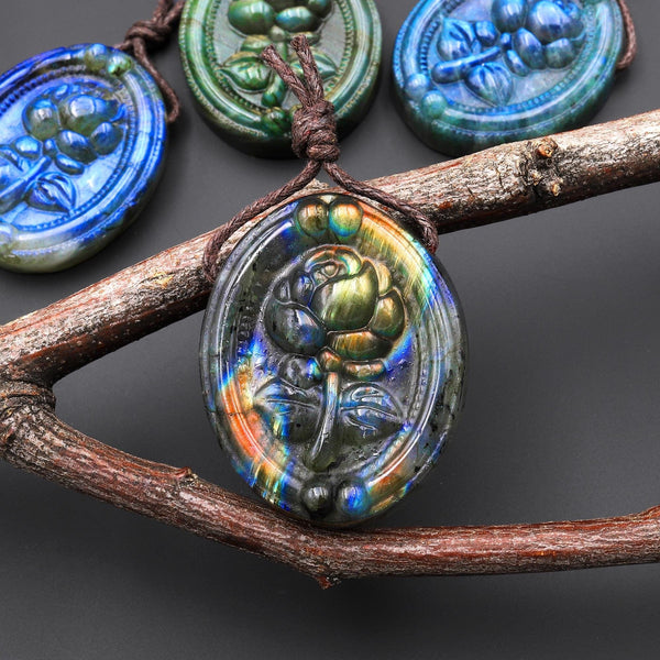 AAA Hand Carved Natural Blue Labradorite Rose Flower Pendant Side Drilled Gemstone Focal Bead A4
