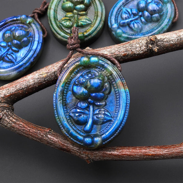 AAA Hand Carved Natural Blue Labradorite Rose Flower Pendant Side Drilled Gemstone Focal Bead A7