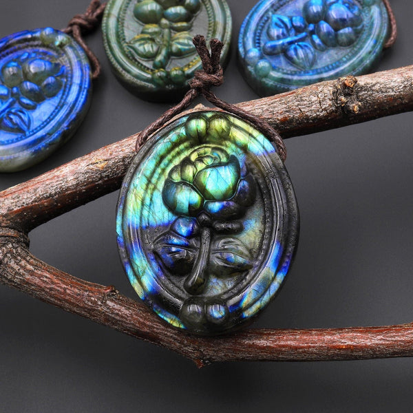 AAA Hand Carved Natural Blue Labradorite Rose Flower Pendant Side Drilled Gemstone Focal Bead A9