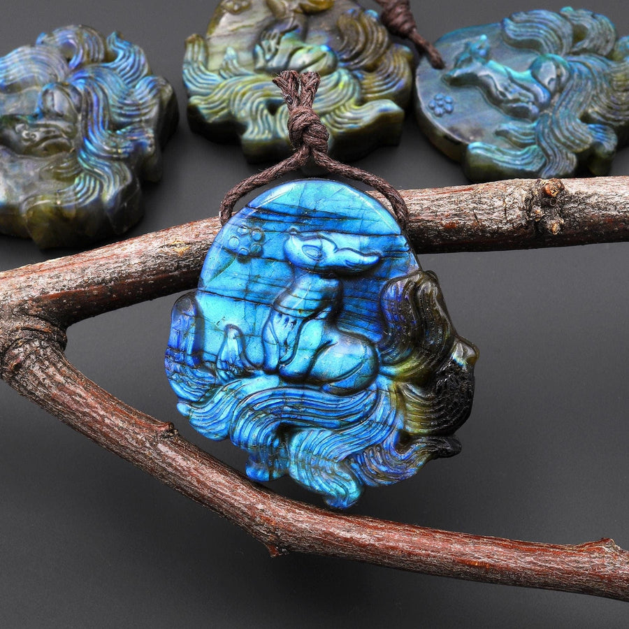 AAA Hand Carved Natural Nine-Tailed Fox Blue Labradorite Pendant Gemstone Focal Bead A3