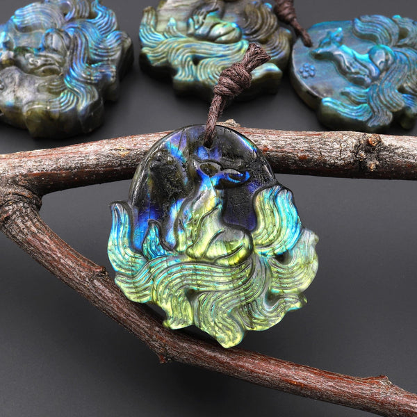 AAA Hand Carved Natural Nine-Tailed Fox Blue Labradorite Pendant Gemstone Focal Bead A6
