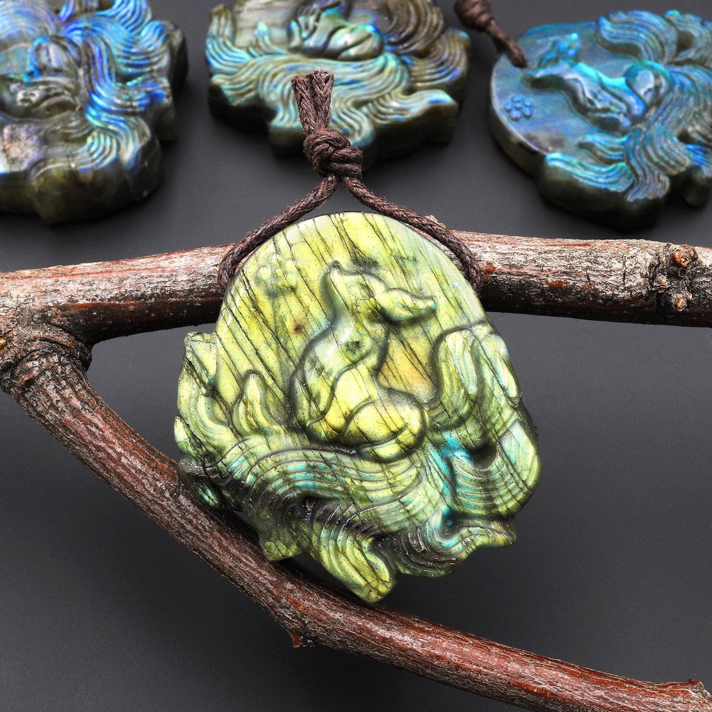 AAA Hand Carved Natural Nine-Tailed Fox Blue Labradorite Pendant Gemstone Focal Bead A7