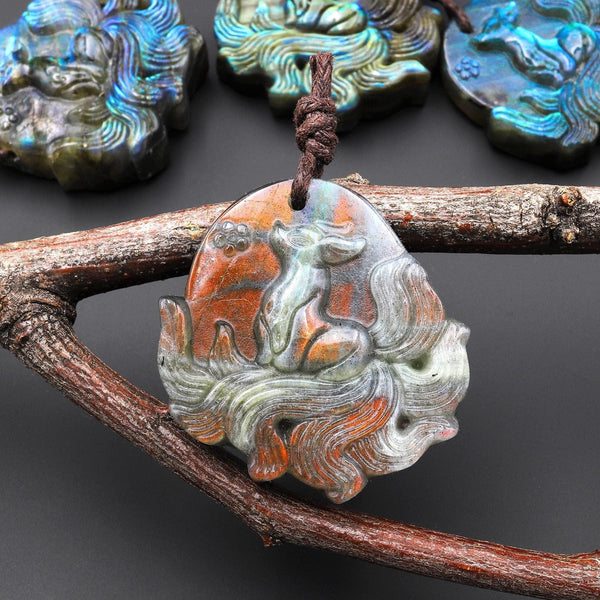 AAA Hand Carved Natural Nine-Tailed Fox Red Labradorite Pendant Gemstone Focal Bead A9