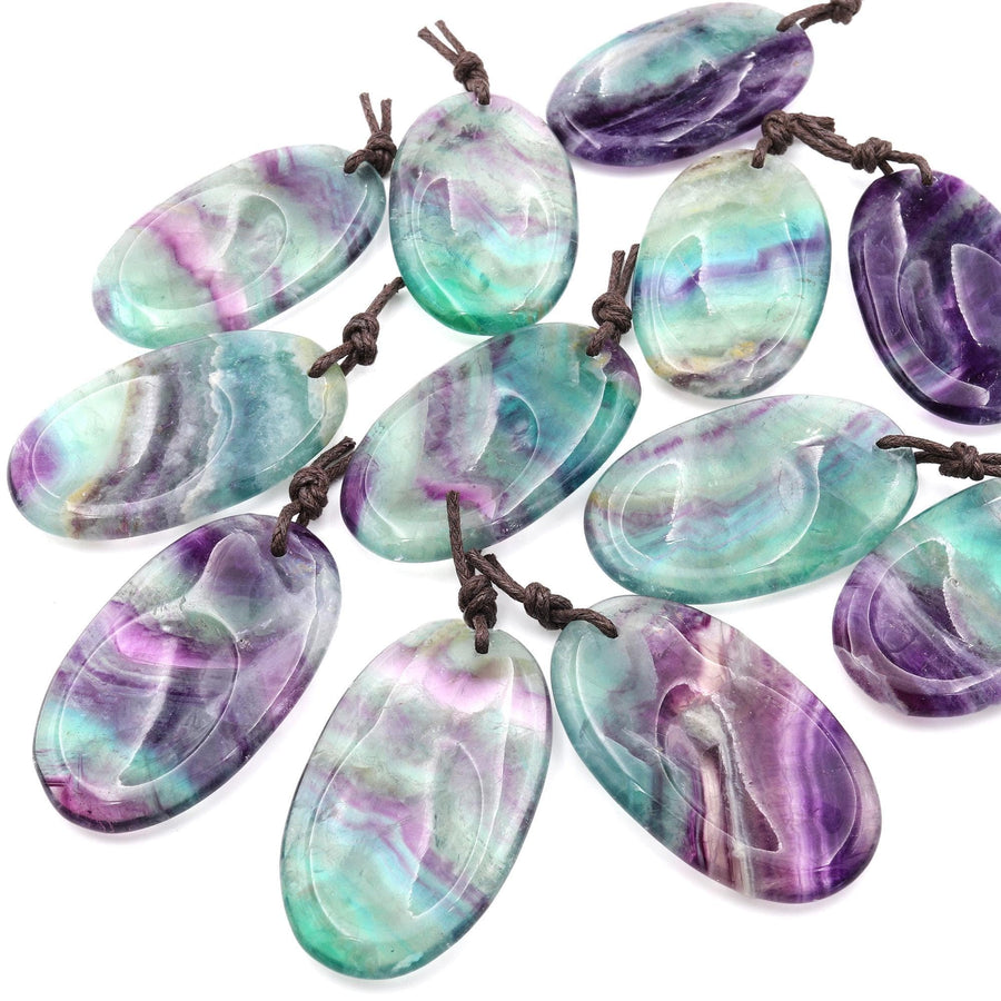 Natural Rainbow Fluorite Pendant Indented Oval Focal Bead