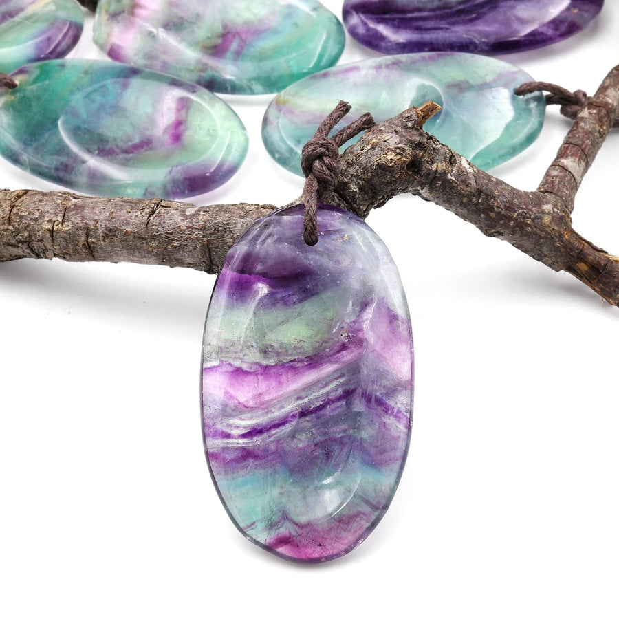 Natural Rainbow Fluorite Pendant Indented Oval Focal Bead A4
