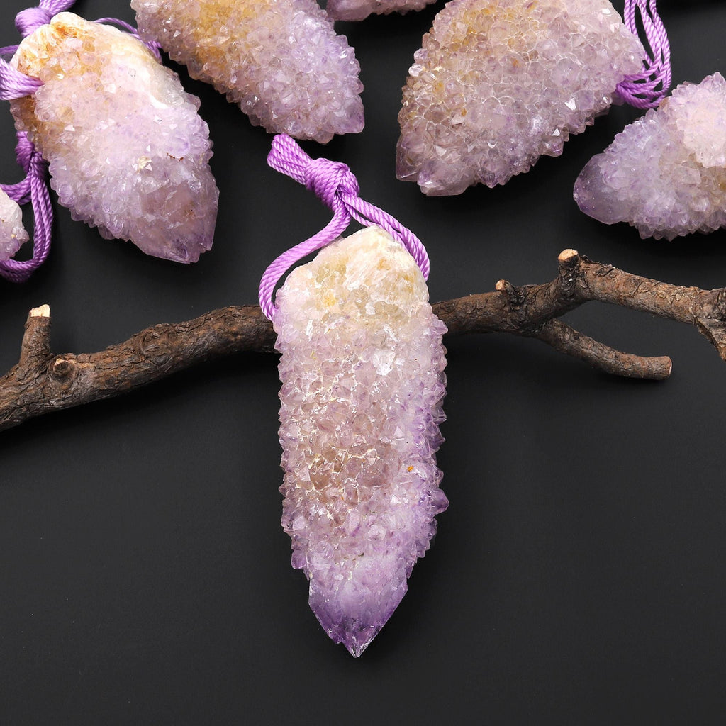 Natural Purple Purple Stalactite Quartz Point Pendant Side Drilled Gemstone Crystal A1