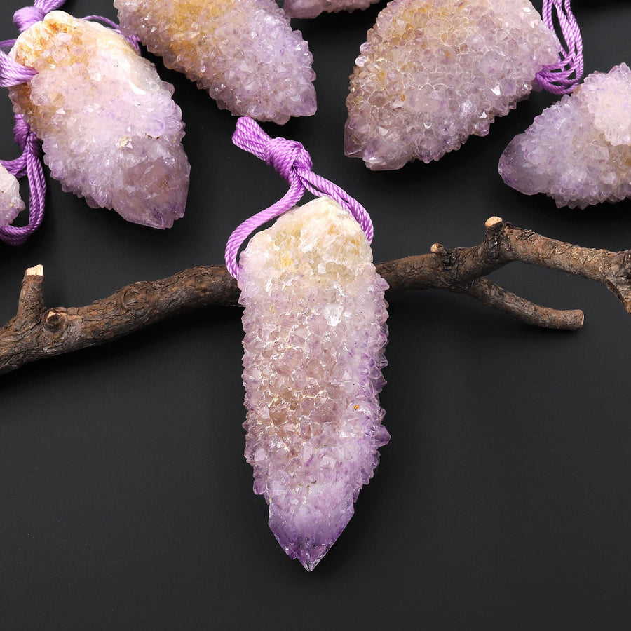 Natural Purple Purple Stalactite Quartz Point Pendant Side Drilled Gemstone Crystal A1