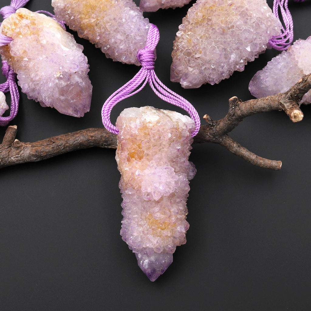 Natural Purple Purple Stalactite Quartz Point Pendant Side Drilled Gemstone Crystal A2