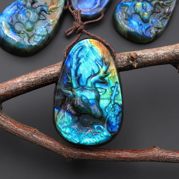 AAA Hand Carved Natural Blue Labradorite Artemis Deer Pendant Gemstone Focal Bead A1