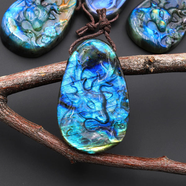 AAA Hand Carved Natural Blue Labradorite Artemis Deer Pendant Gemstone Focal Bead A3