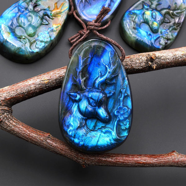 AAA Hand Carved Natural Blue Labradorite Artemis Deer Pendant Gemstone Focal Bead A5