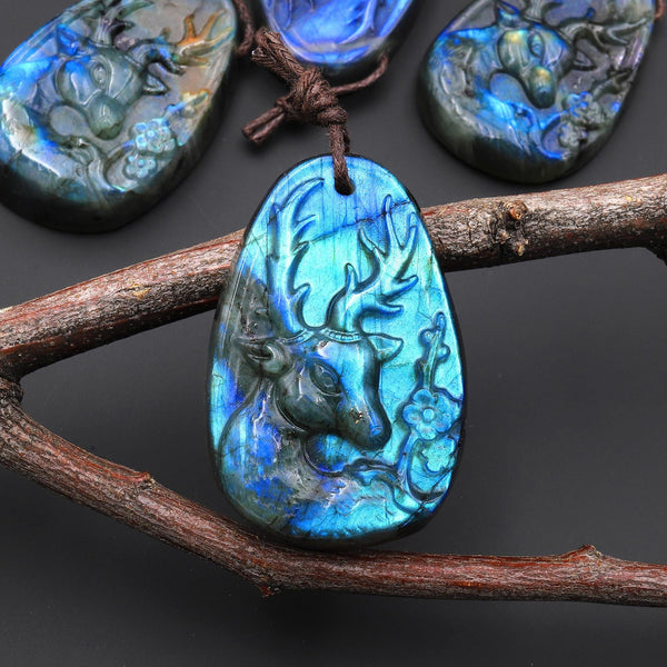 AAA Hand Carved Natural Blue Labradorite Artemis Deer Pendant Gemstone Focal Bead A9