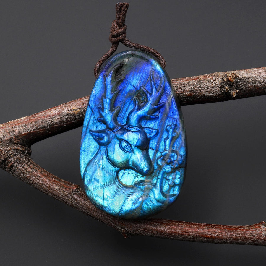 AAA Hand Carved Natural Blue Labradorite Artemis Deer Pendant Gemstone Focal Bead A11